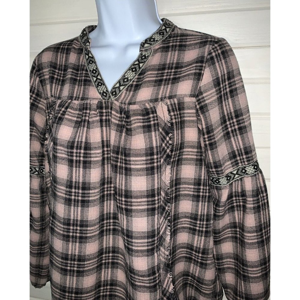 KNOX ROSE Sz XS Pink Black Plaid Tunic Peasant Blouse Smocked Flannel Boho EUC